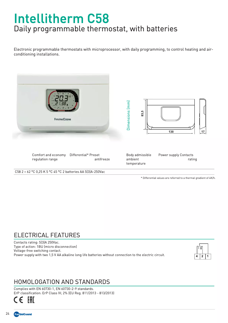 Page 1 de la notice Fiche technique Fantini Cosmi IntelliTherm C58