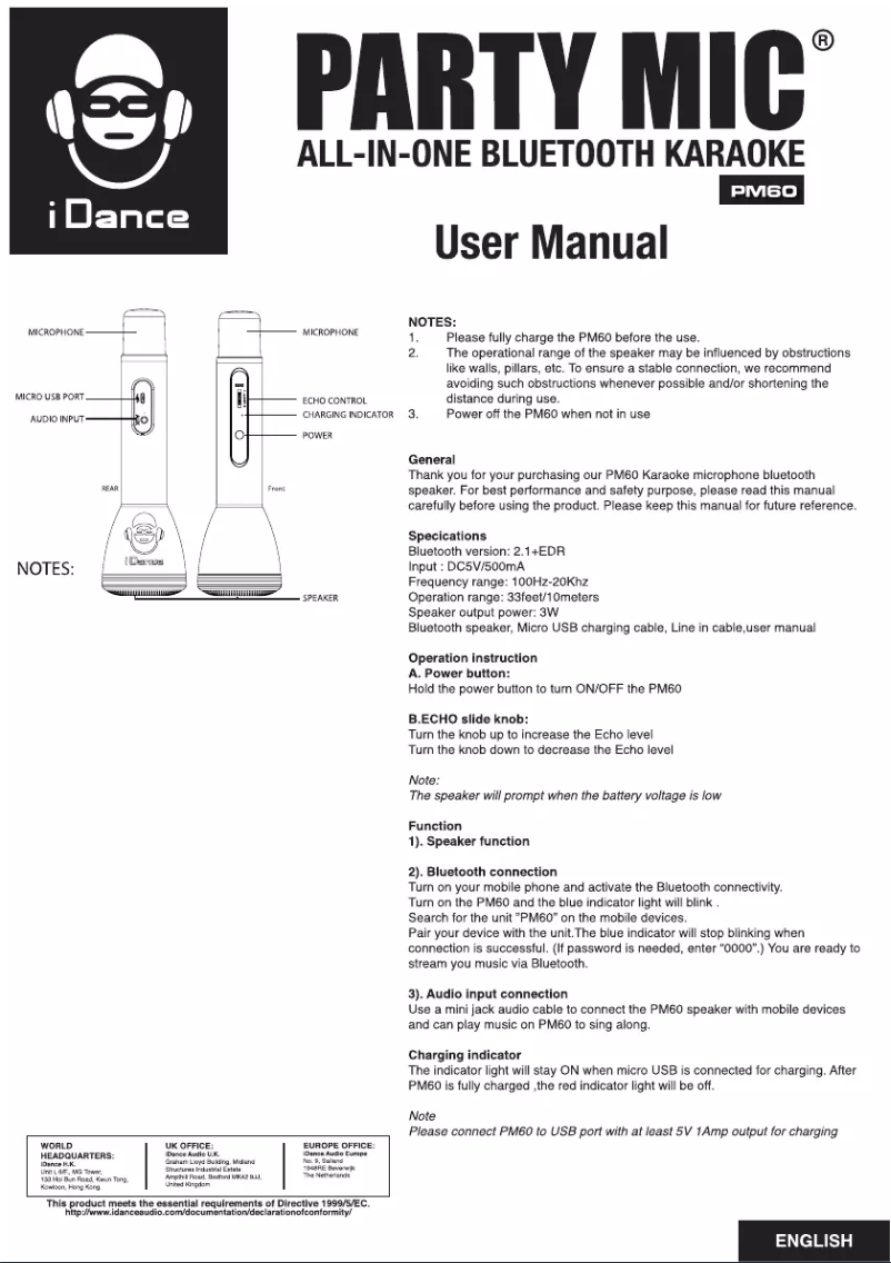 Page n°1 - Manuel utilisateur iDance Party Mic PM-60