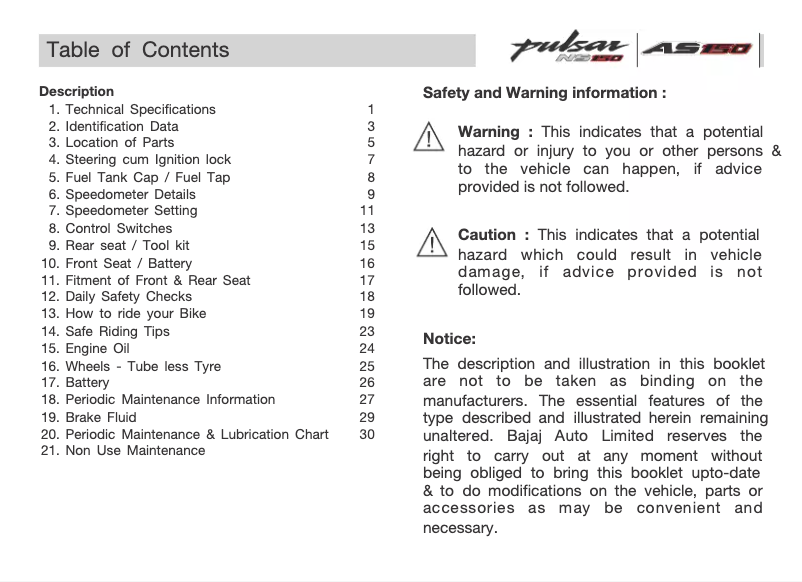 Page 1 de la notice Manuel utilisateur Bajaj Pulsar AS 150