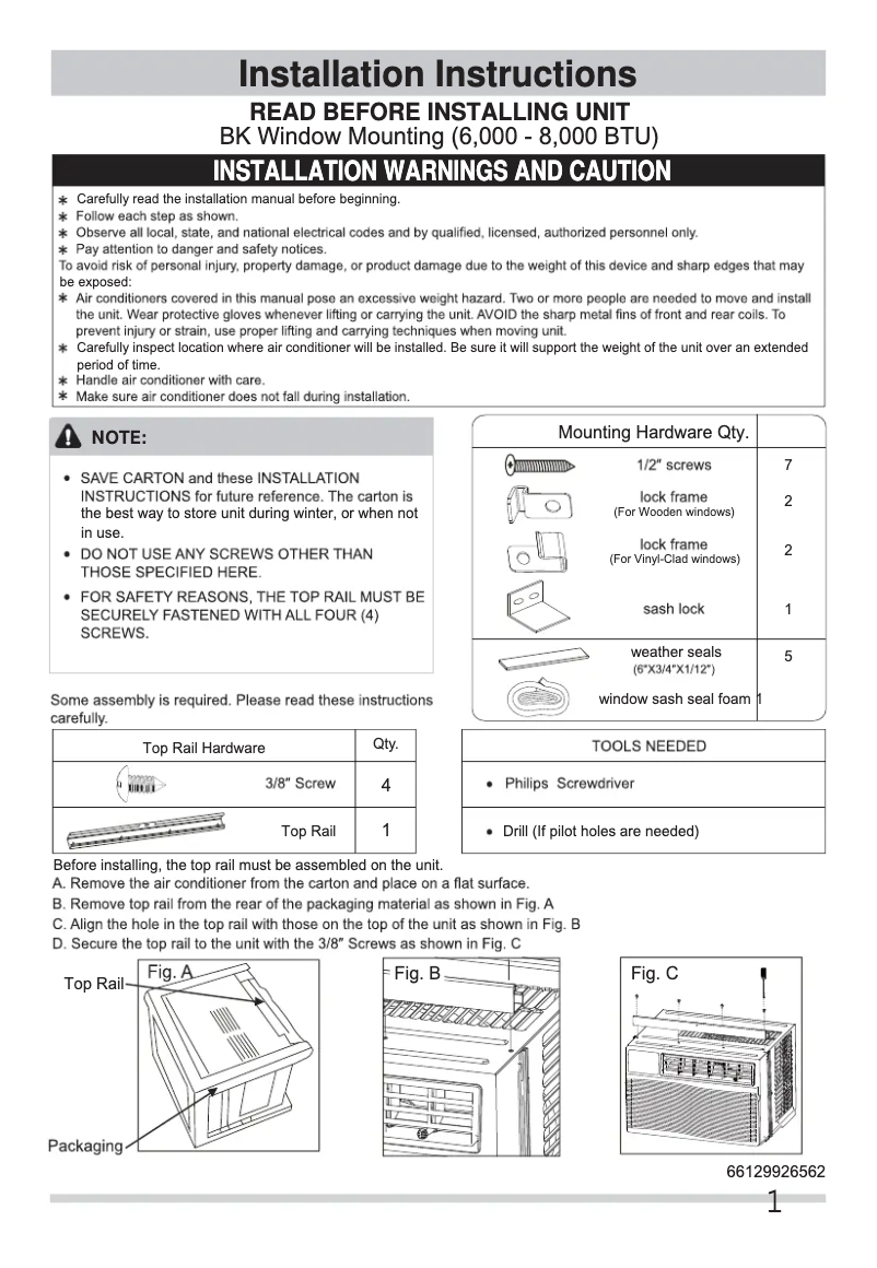 Page 1 de la notice Guide d'installation Frigidaire FFRA0611U1