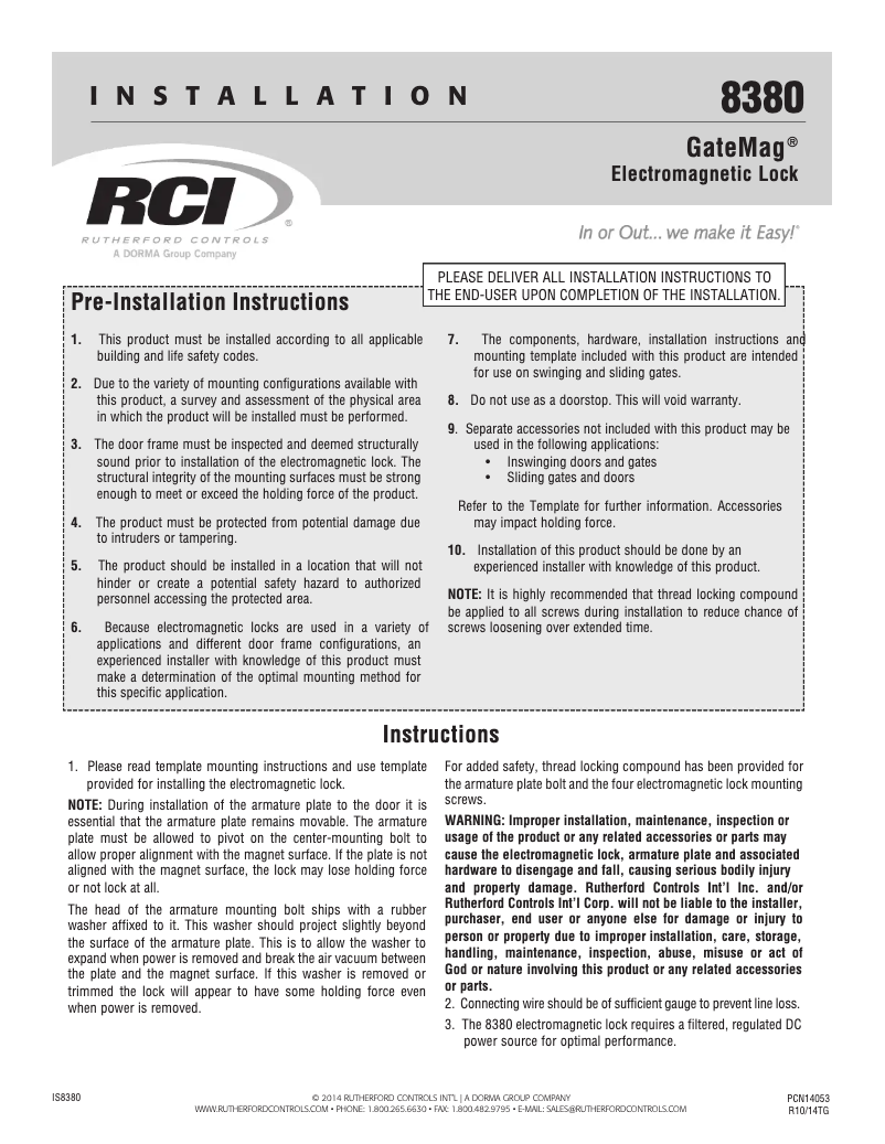 Page 1 de la notice Manuel utilisateur Dormakaba RCI 8380