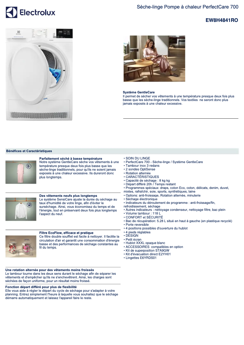 Page 1 de la notice Fiche technique Electrolux EW8H4841RO