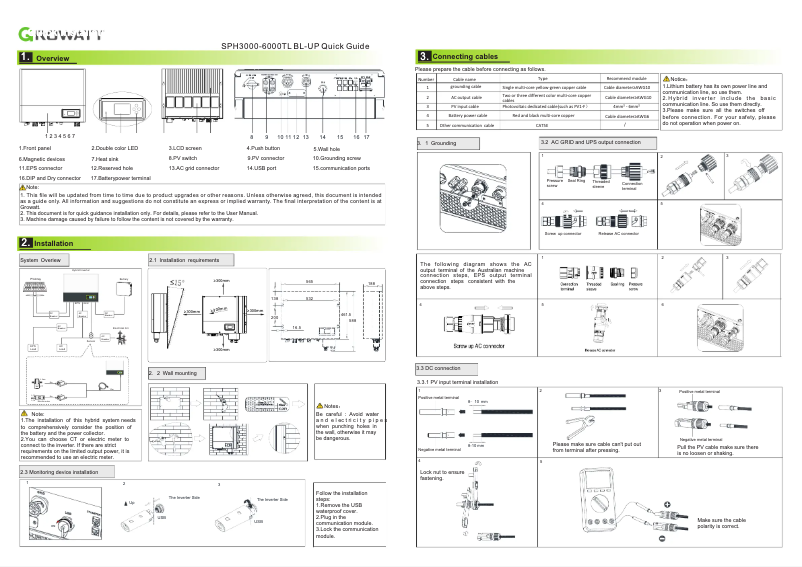 Page 1 de la notice Guide de démarrage rapide Growatt SPH 3000-6000TL BL-UP