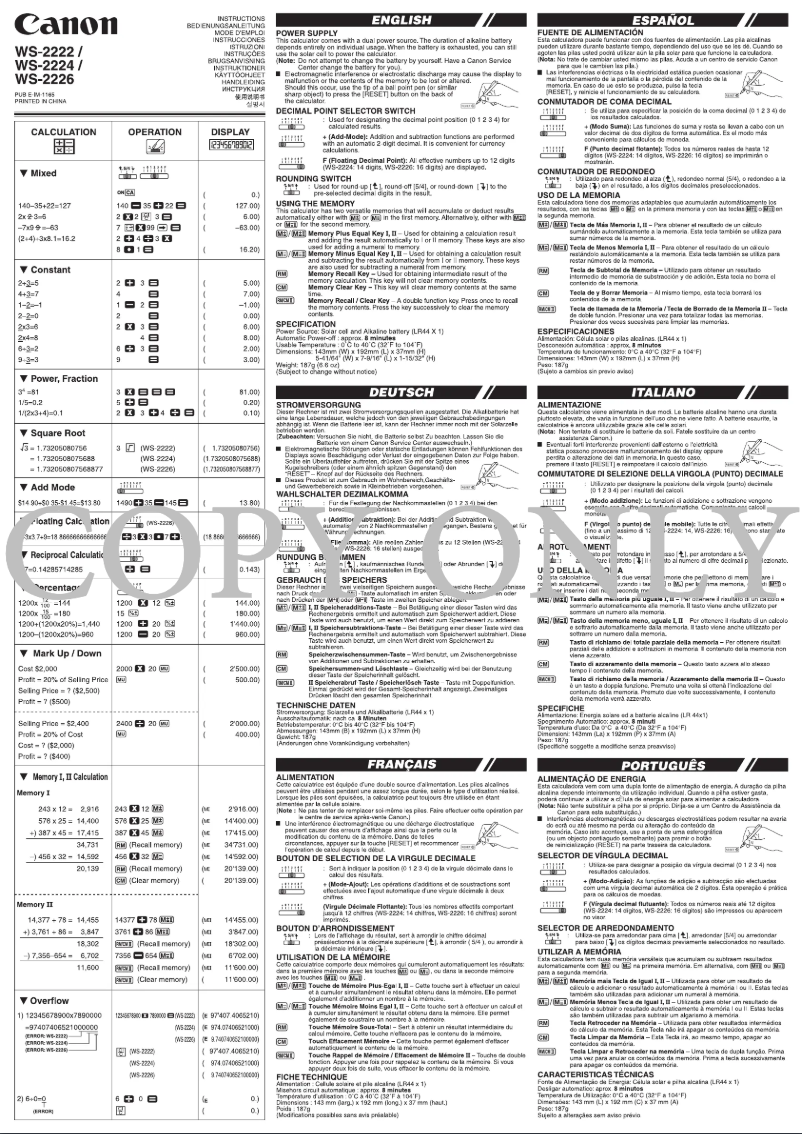 Page 1 de la notice Manuel utilisateur Canon WS-2226