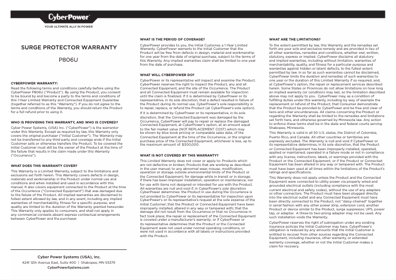 Página 1 del manual Información de garantía CyberPower Home Office P806U