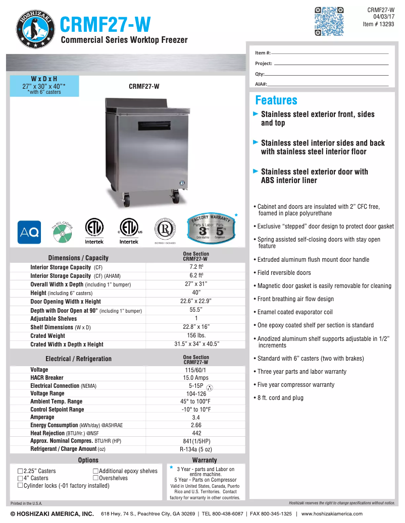Page 1 of the manual Technical Sheet Hoshizaki Commercial CRMF27-W