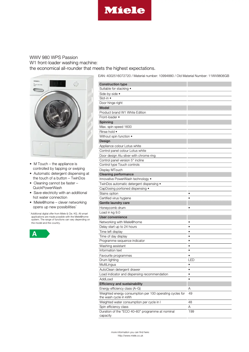 Page n°1 - Fiche technique Miele WWV 980 WPS Passion