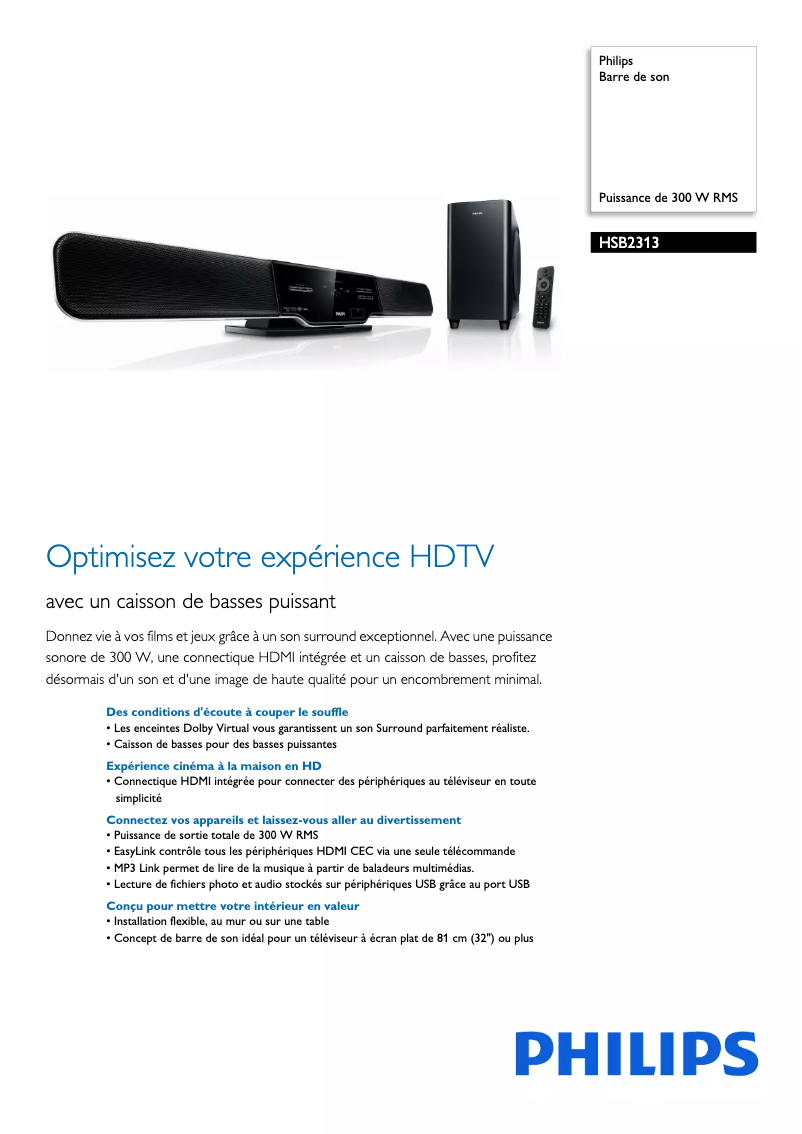 Page n°1 - Fiche technique Philips HSB2313