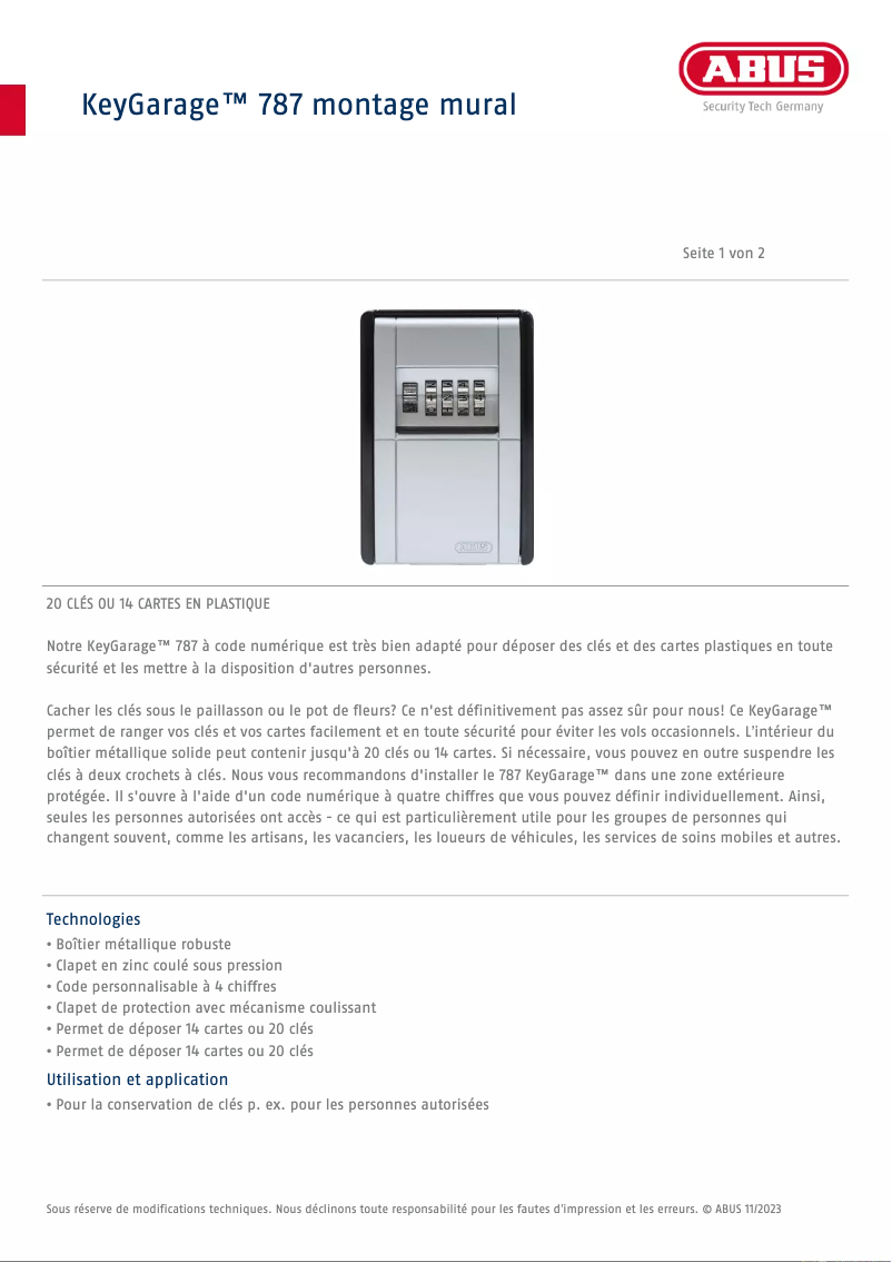 Page n°1 - Fiche technique Abus KeyGarage 767