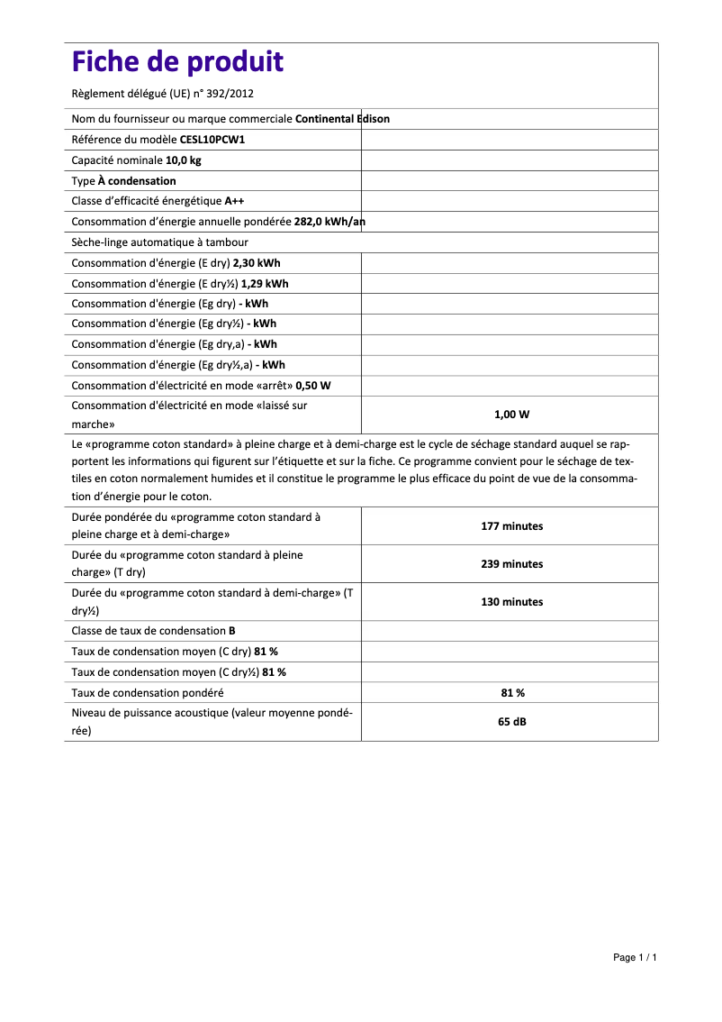 Page 1 de la notice Label énergétique Continental Edison CESL10PCW1