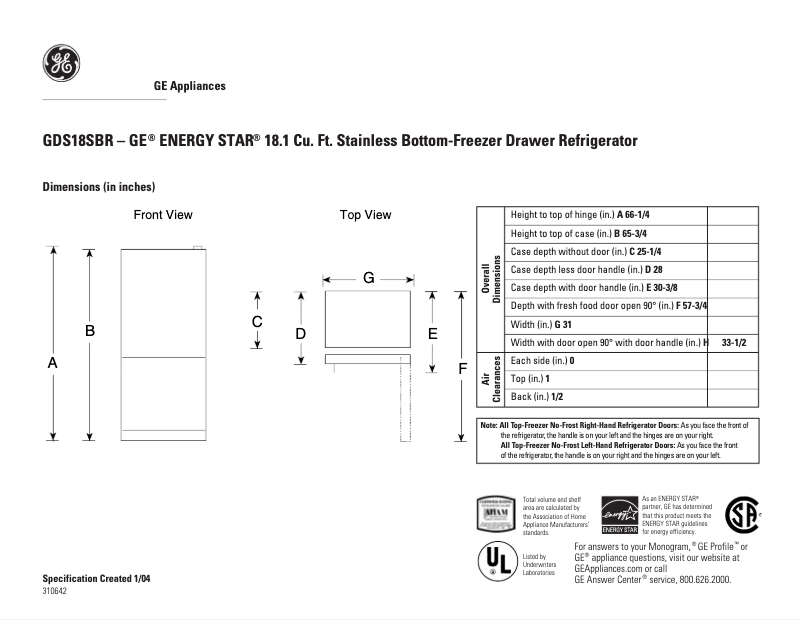 Página 1 del manual Ficha técnica GE GDS18SBRLSS