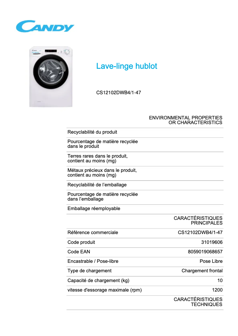 Page 1 de la notice Fiche technique Candy CS12102DWB4/1-47