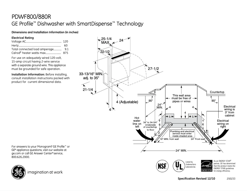 Page 1 de la notice Fiche technique GE Profile PDWF800RWW