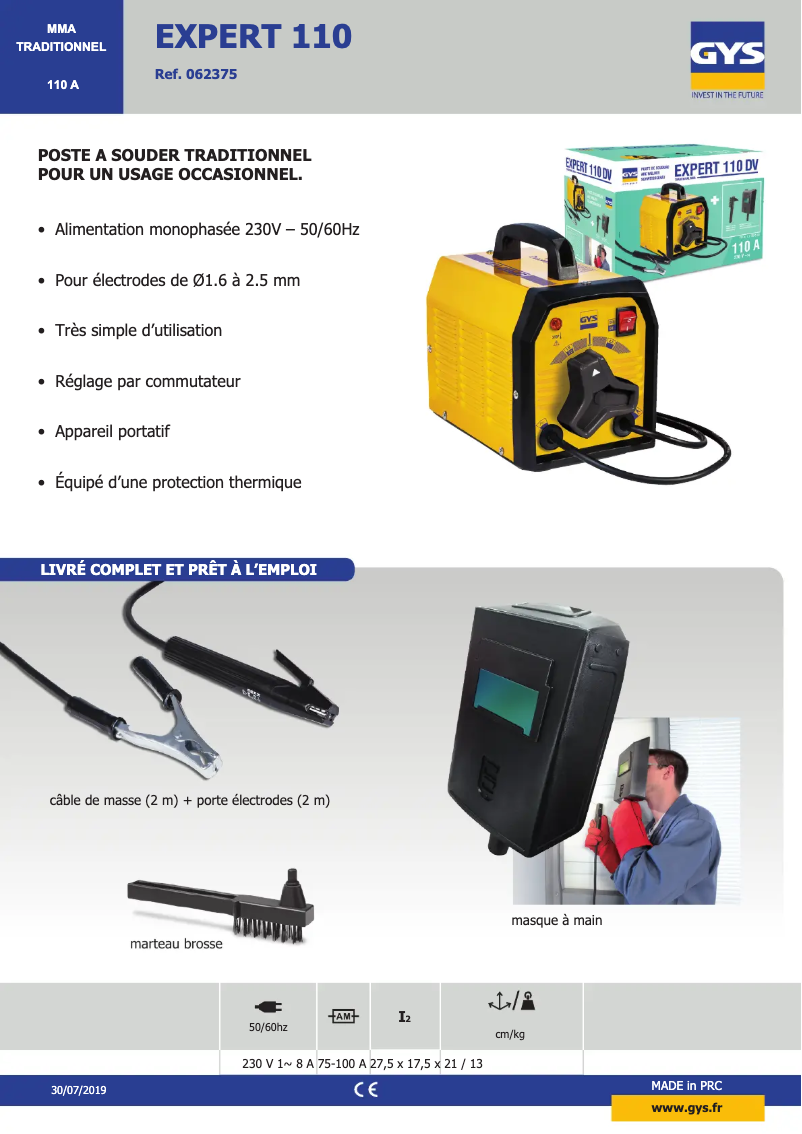Page 1 de la notice Fiche technique GYS Expert 110