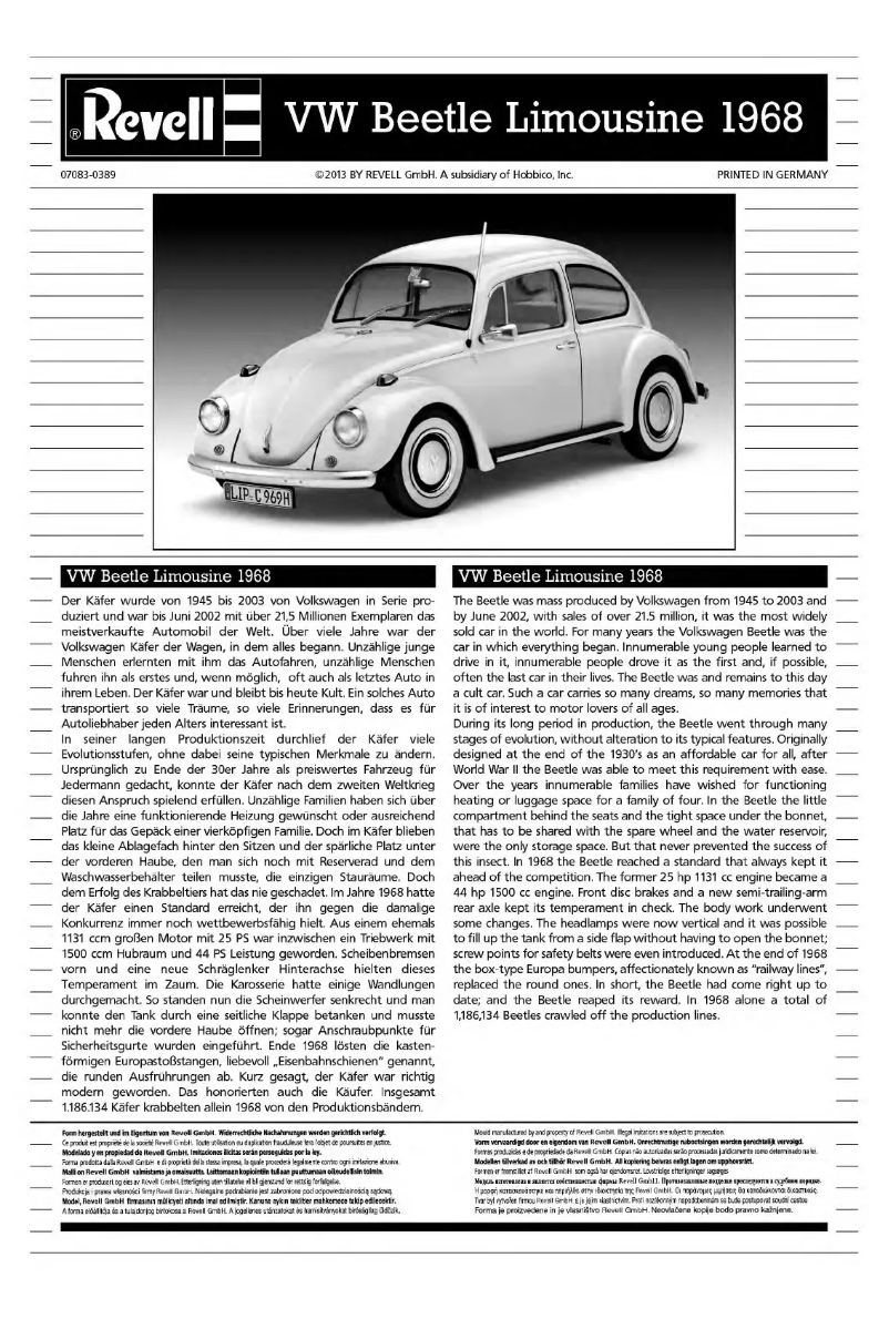 Image de la première page du manuel de l'appareil VW Beetle Limousine 1968