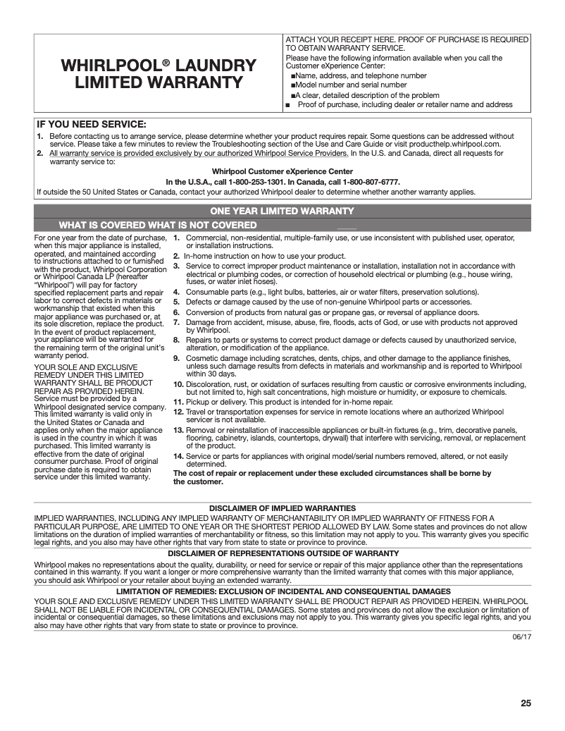 Page 1 de la notice Informations de garantie Whirlpool WET4024HW