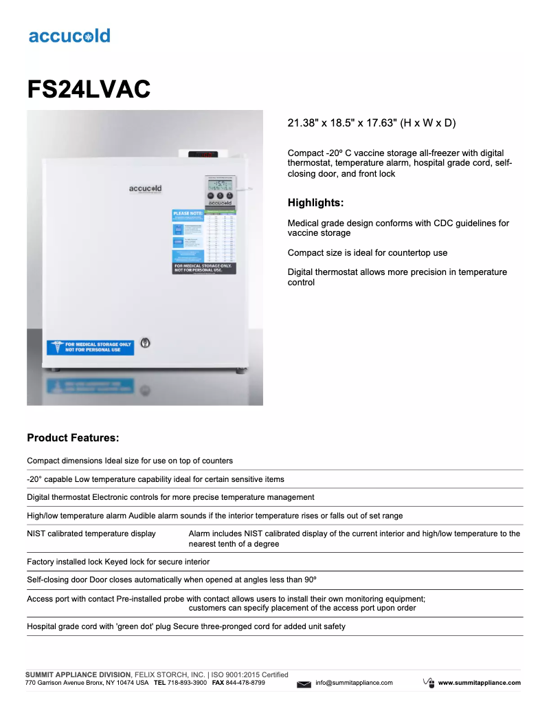 Página 1 del manual Ficha técnica Summit Accucold FS24LVAC