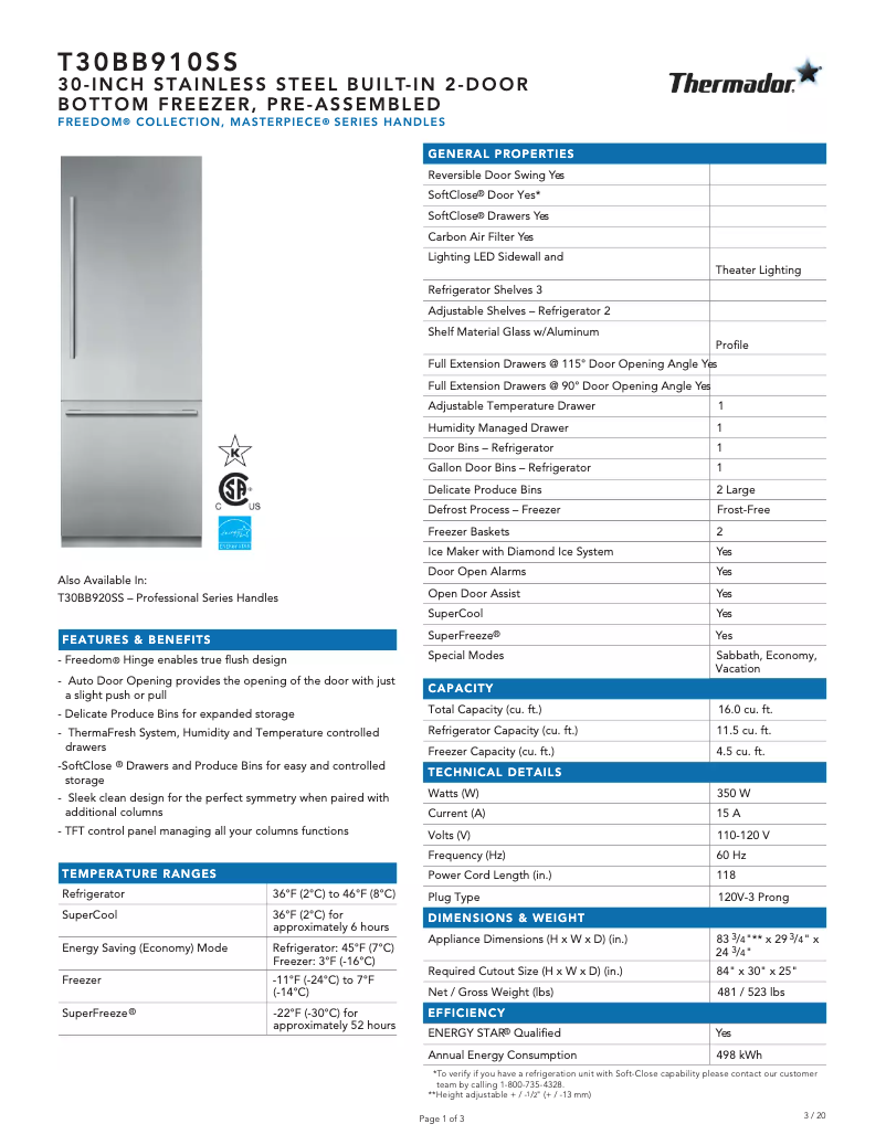 Page 1 de la notice Fiche technique Thermador T30BB910SS