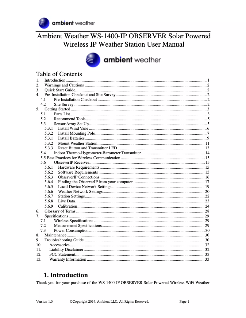 Page 1 de la notice Manuel utilisateur Ambient Weather WS-1400-IP