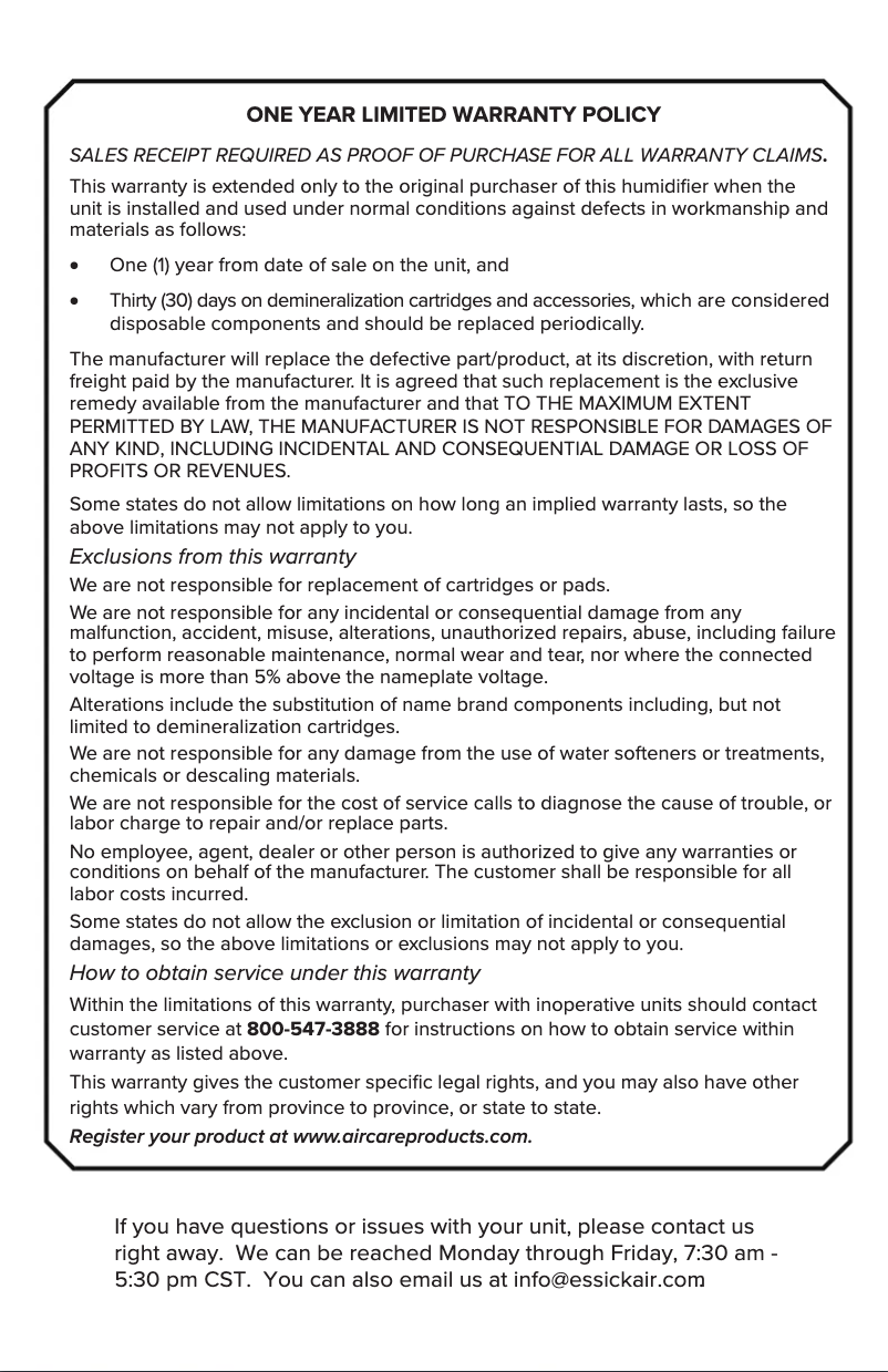 Page n°1 - Informations de garantie AirCare Mesa MU320DWAL