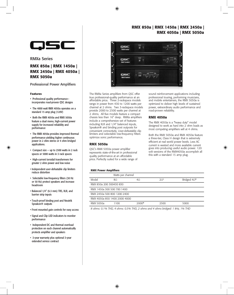Page 1 de la notice Fiche technique QSC RMX 850a