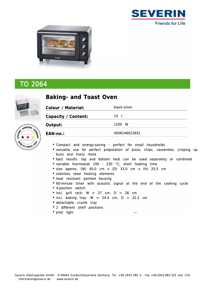 Page n°1 - Fiche technique Severin TO 2064