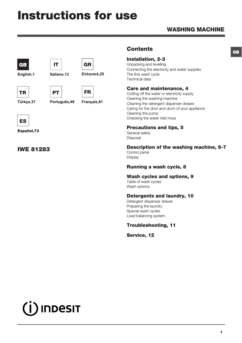 Page 1 de la notice Manuel utilisateur Indesit IWE 81283SLCECO EU.M