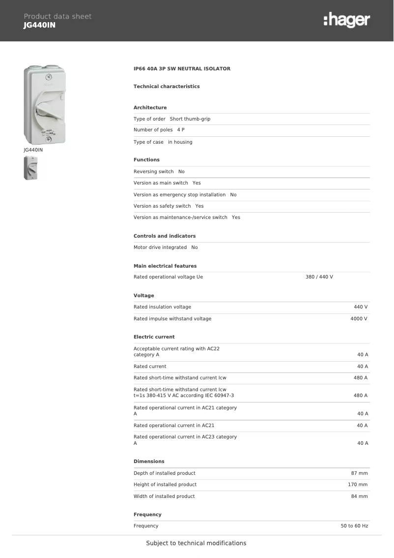 Image de la première page du manuel de l'appareil JG440IN