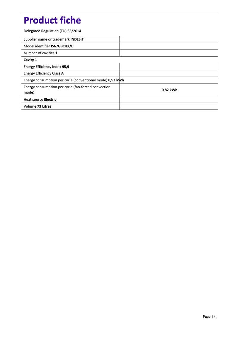 Page n°1 - Fiche technique Indesit IS67G8CHX/E