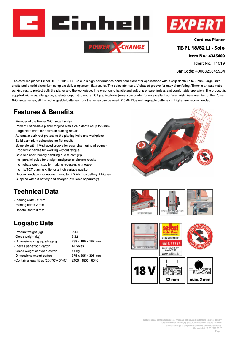 Page 1 de la notice Fiche technique Einhell Expert TE-PL 18/82 Li