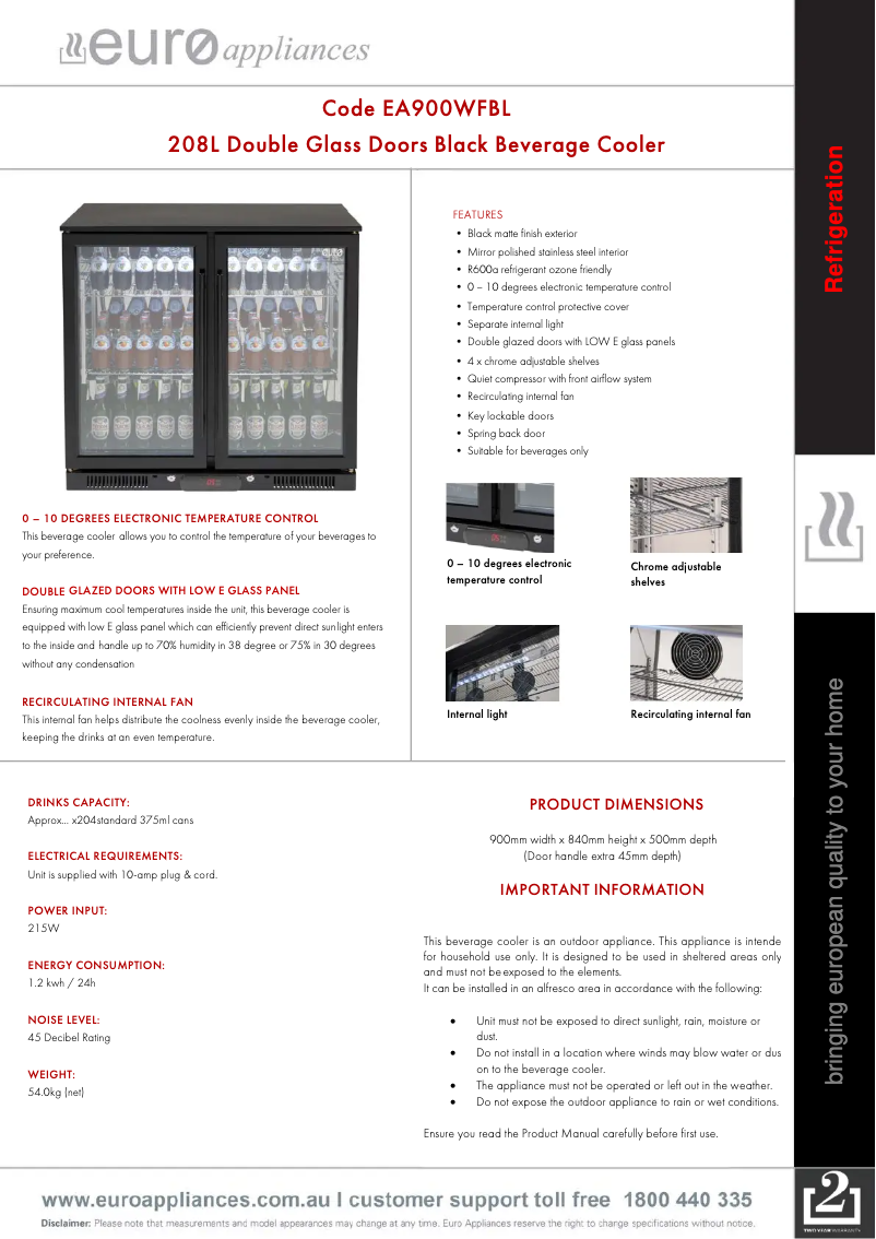 Page 1 de la notice Fiche technique Euro Appliances EA900WFBL