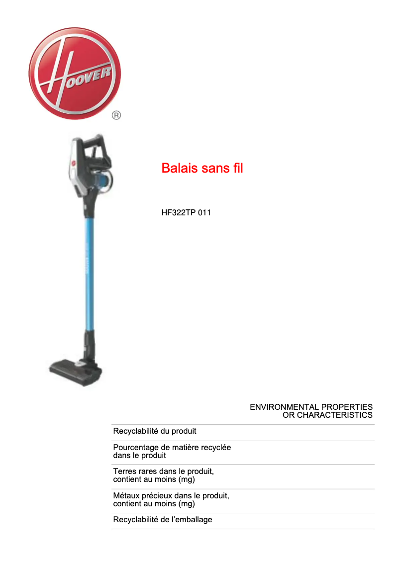 Page n°1 - Fiche technique Hoover H-FREE 300 HF322TP 011