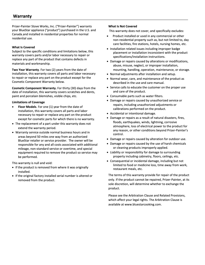 Page 1 de la notice Informations de garantie BlueStar FBFD361PMW