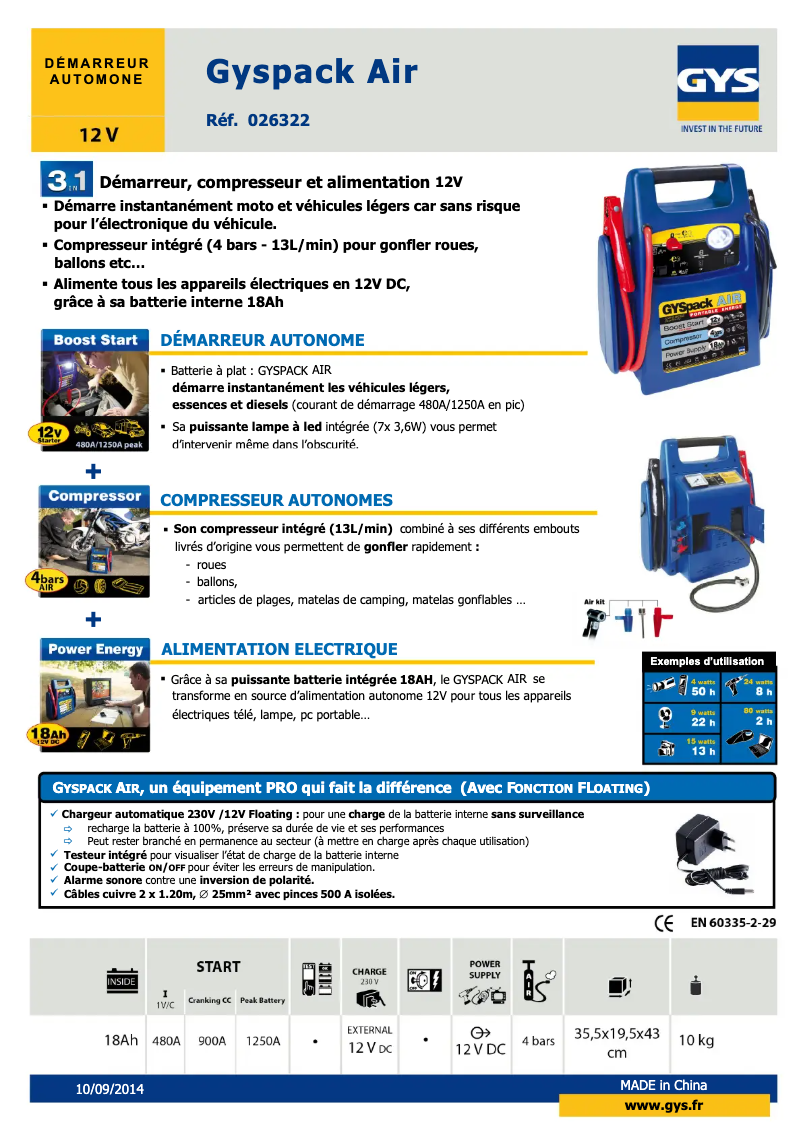 Page 1 of the manual Technical Sheet GYS Gyspack AIR