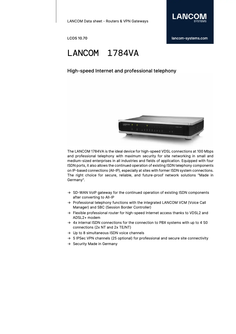 Page n°1 - Fiche technique Lancom 1784VA