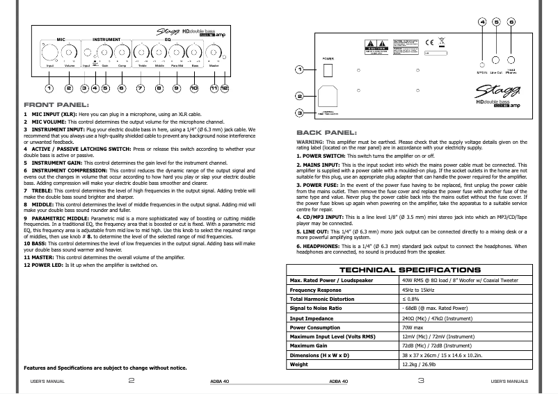 Page 1 de la notice Manuel utilisateur Stagg ADBA 40