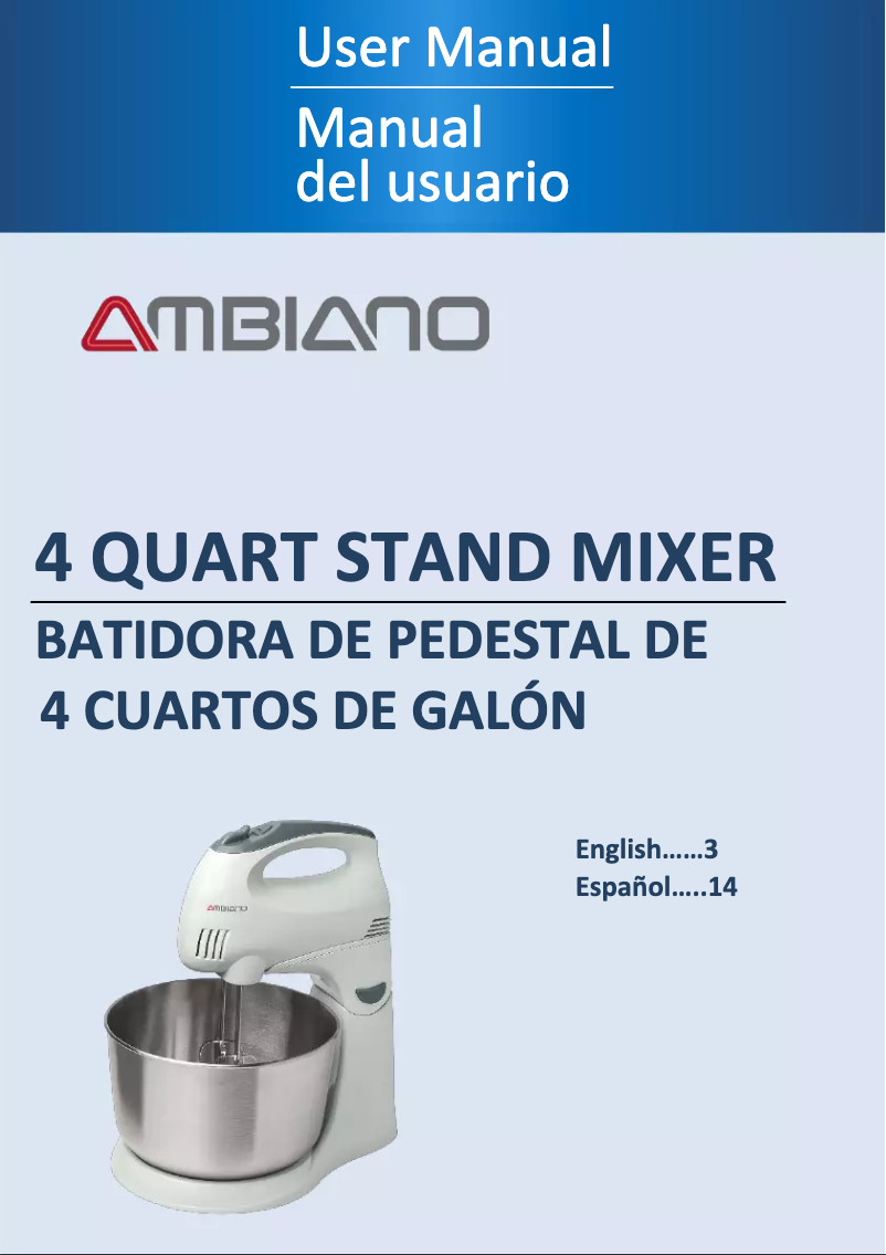 Page 1 de la notice Manuel utilisateur Ambiano 4 Quart Stand Mixer HM925