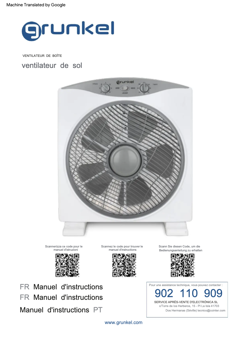 Page 1 de la notice Manuel utilisateur Grunkel BOX FAN