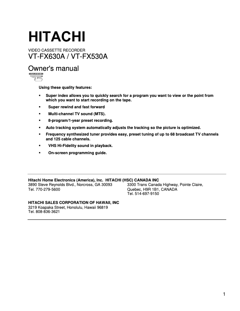 Page 1 de la notice Manuel utilisateur Hitachi VT-FX630A