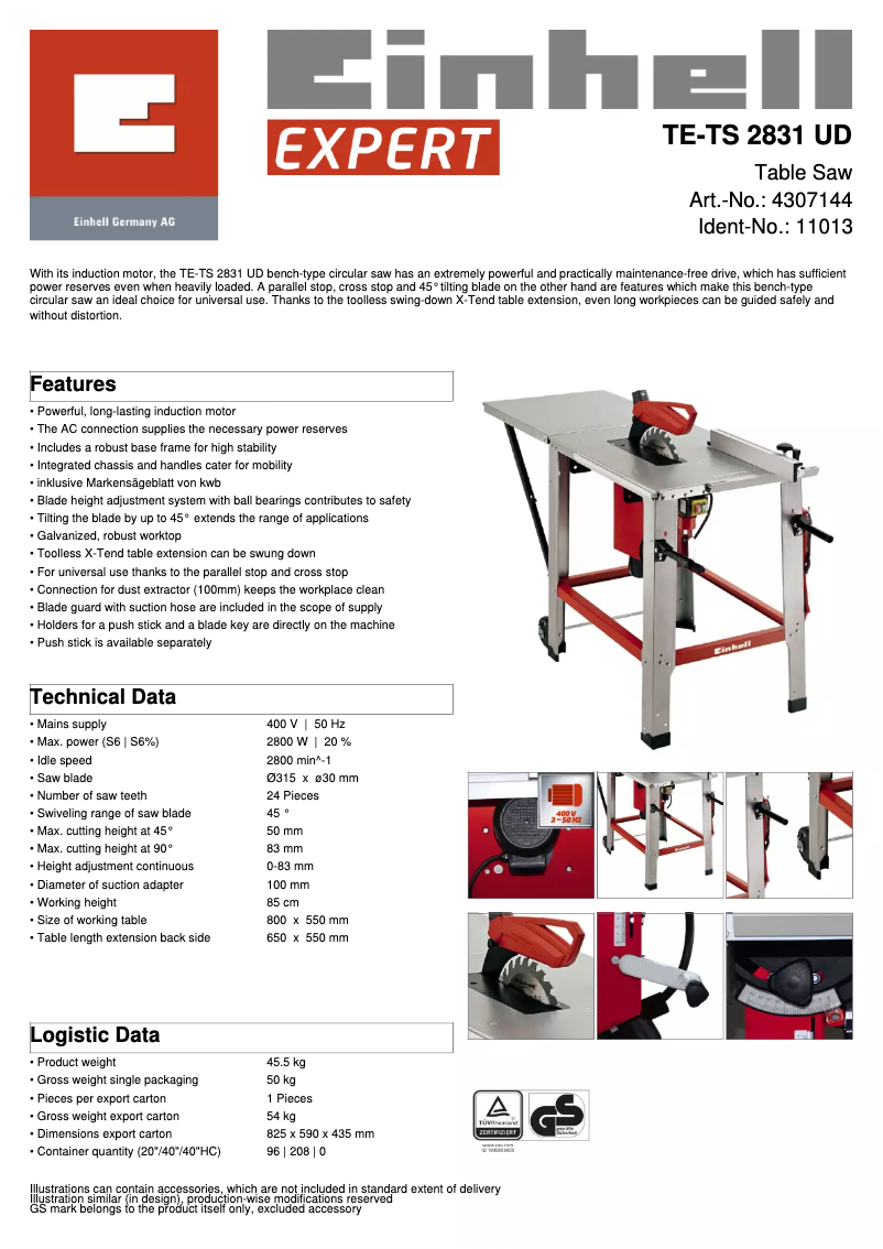 Page 1 de la notice Fiche technique Einhell TE-TS 2831 UD