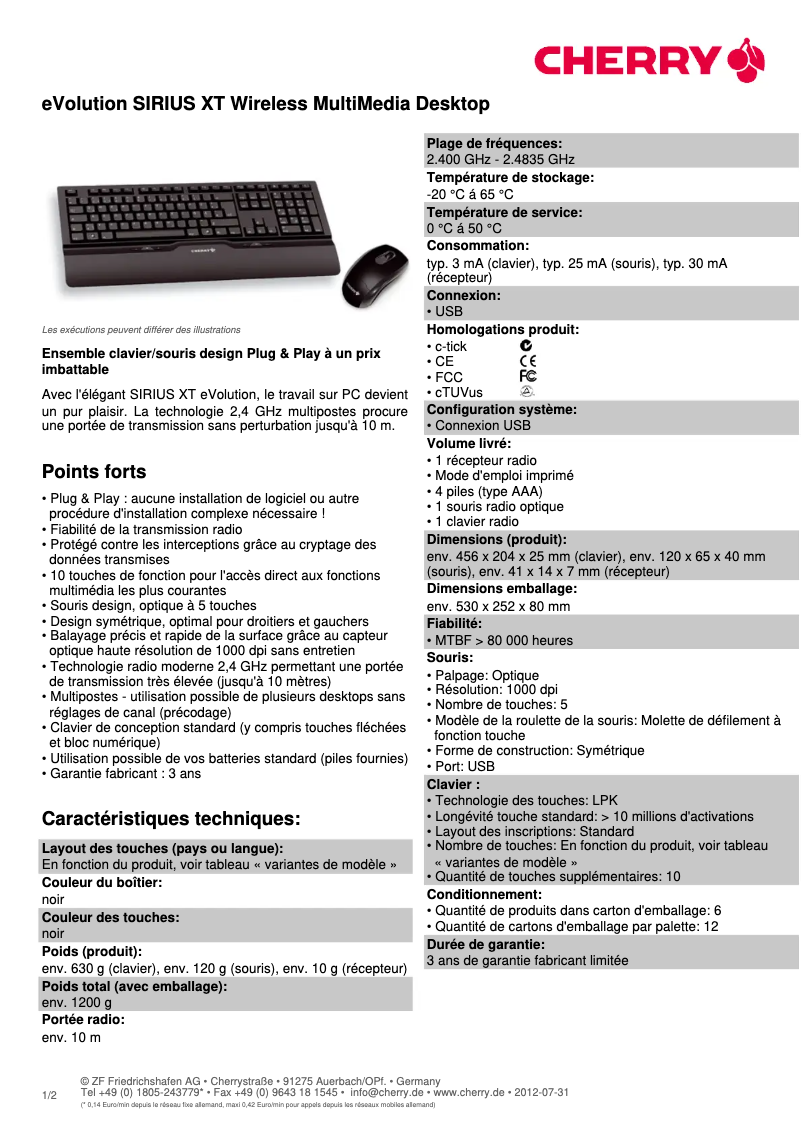 Page 1 de la notice Fiche technique Cherry eVolution SIRIUS XT