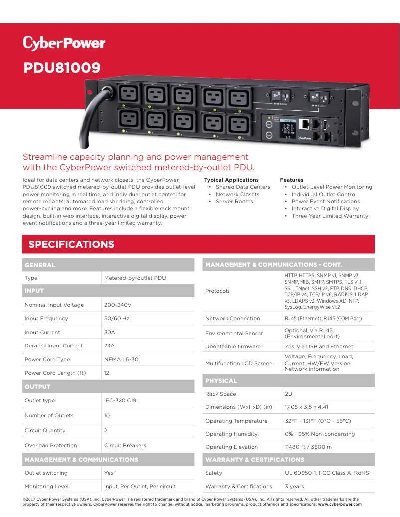 Page 1 de la notice Fiche technique CyberPower PDU81009