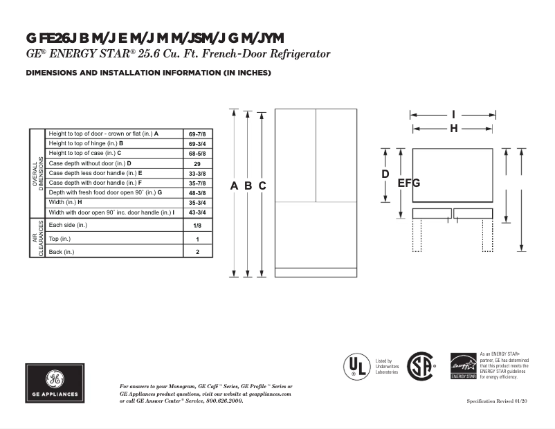 Page 1 of the manual Technical Sheet GE GFE26JYMFS