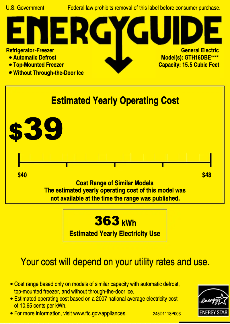 Page n°1 - Label énergétique GE GTH16DBERBB