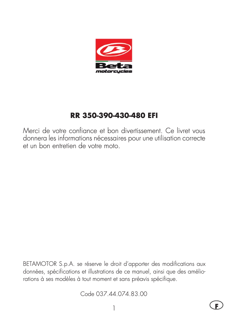 Page 1 de la notice Manuel utilisateur Beta RR 4T 350 (2023)