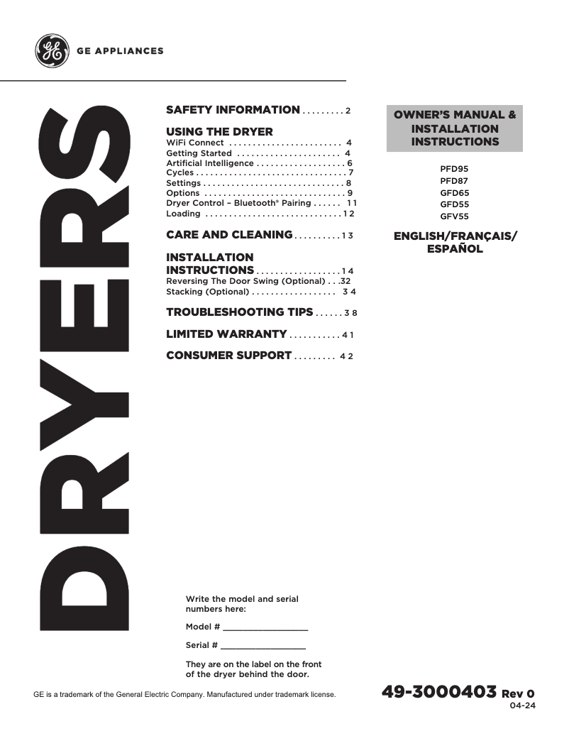 Page n°1 - Guide d'installation GE PFD95GSPWDS