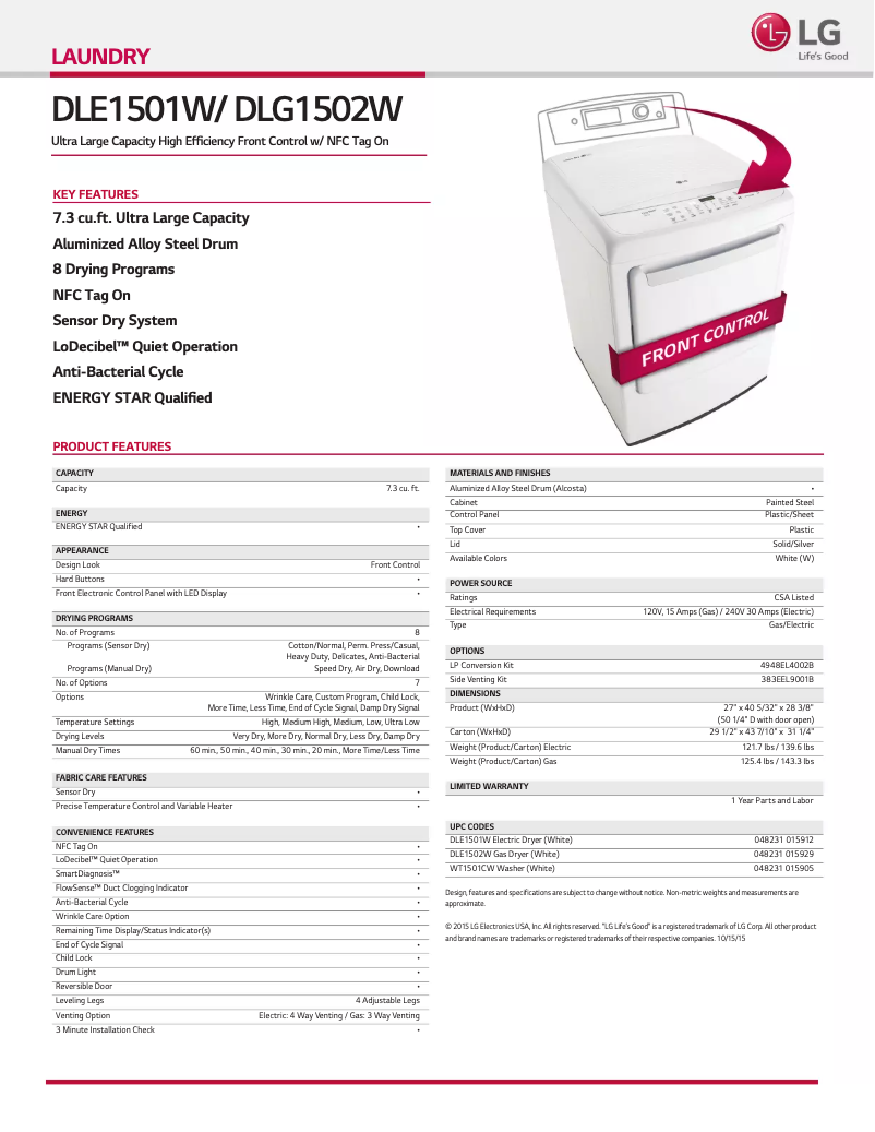 Página 1 del manual Ficha técnica LG DLG1502W