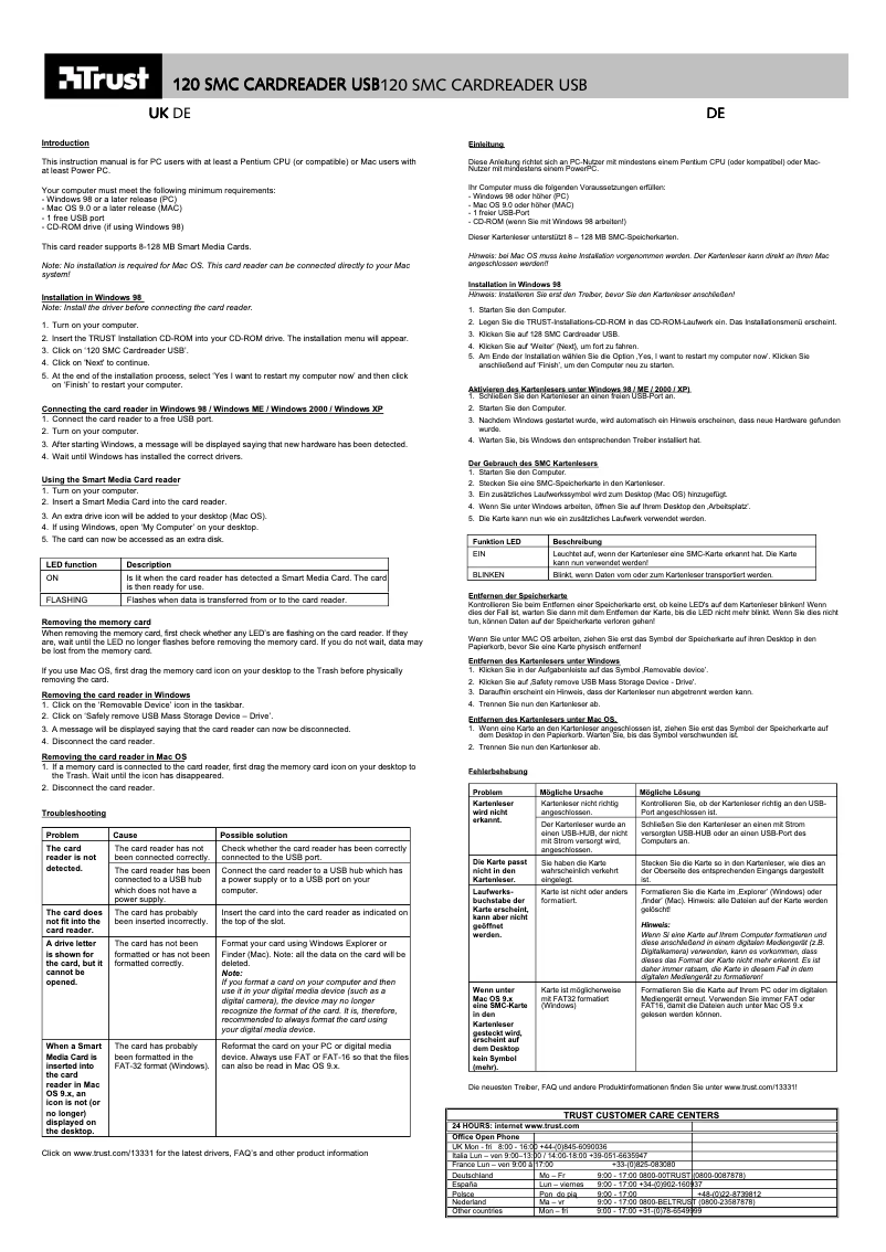 Page 1 de la notice Manuel utilisateur Trust SMC USB 120