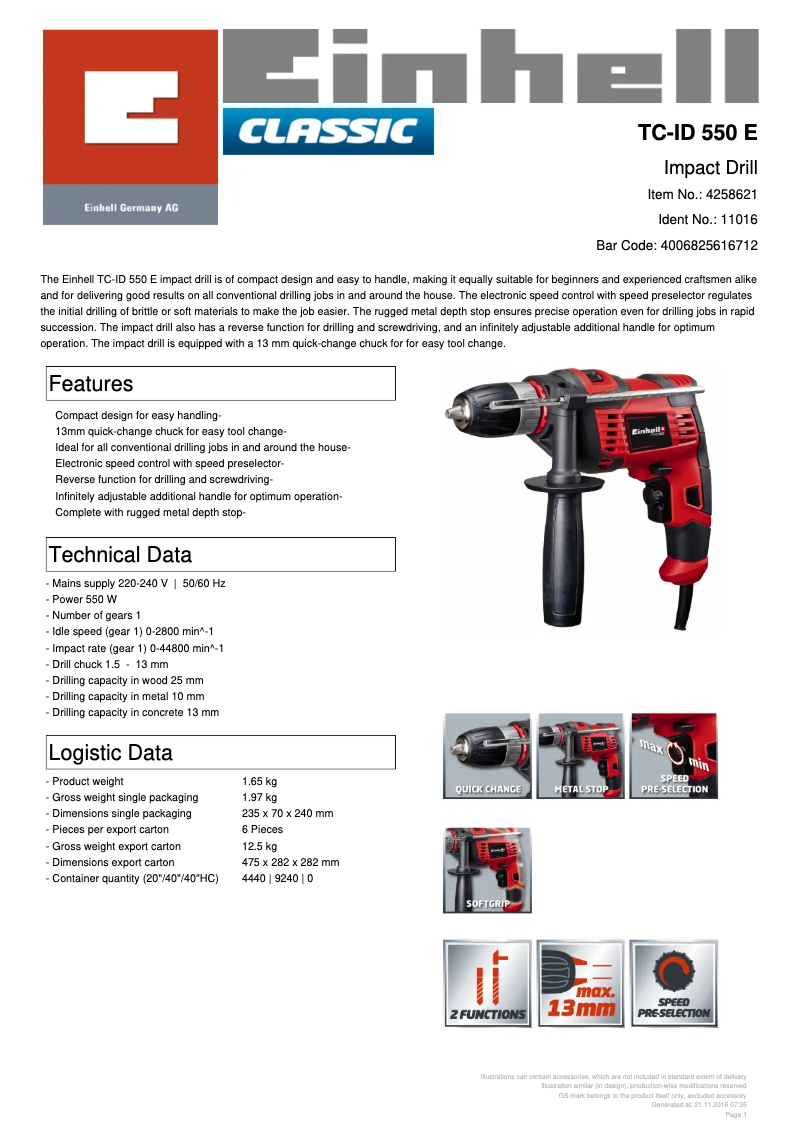 Page n°1 - Fiche technique Einhell TC-ID 550 E