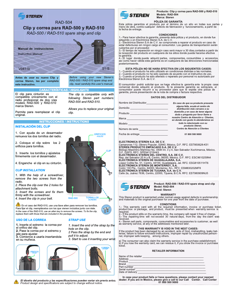 Page n°1 - Manuel utilisateur Steren RAD-504